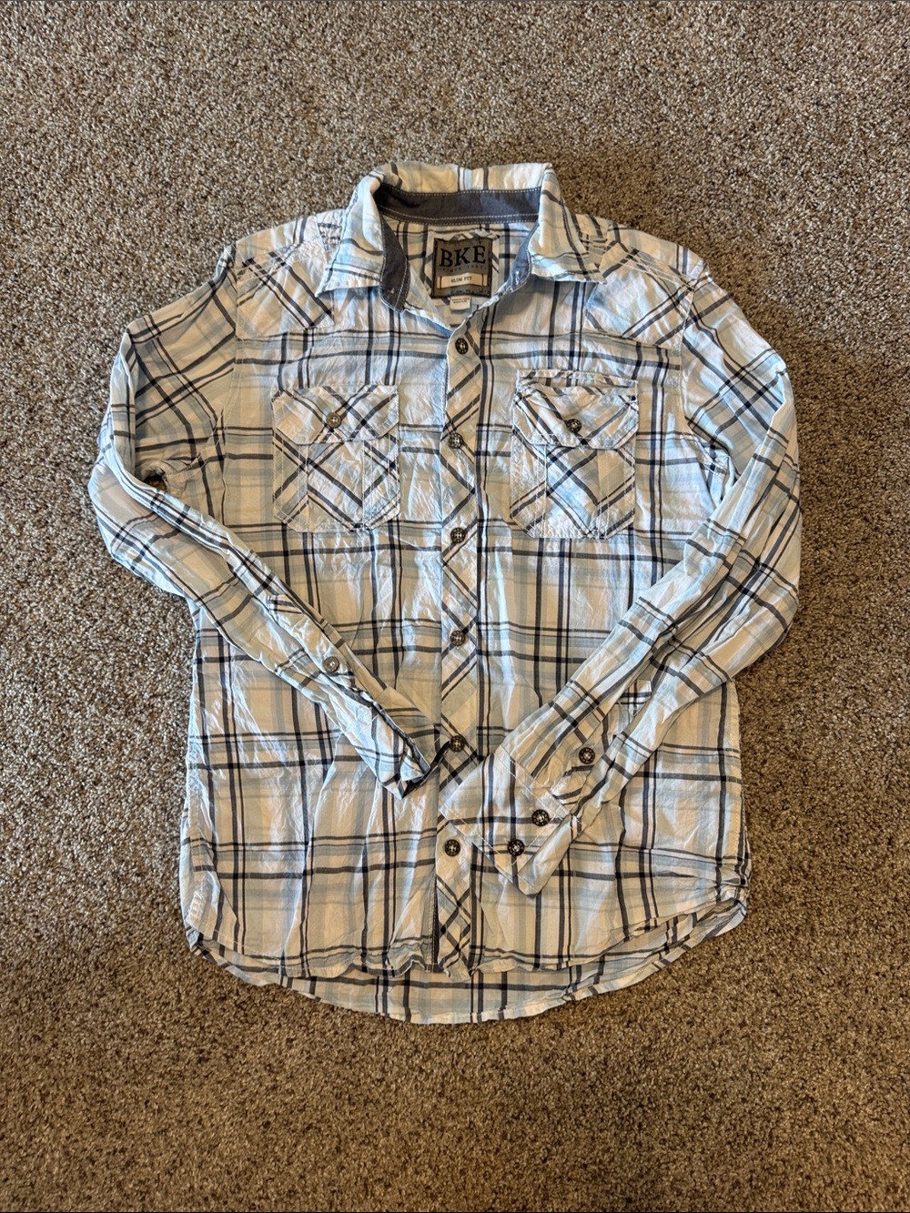 BKE Men’s Light Blue and White Plaid Button-Down Shirt